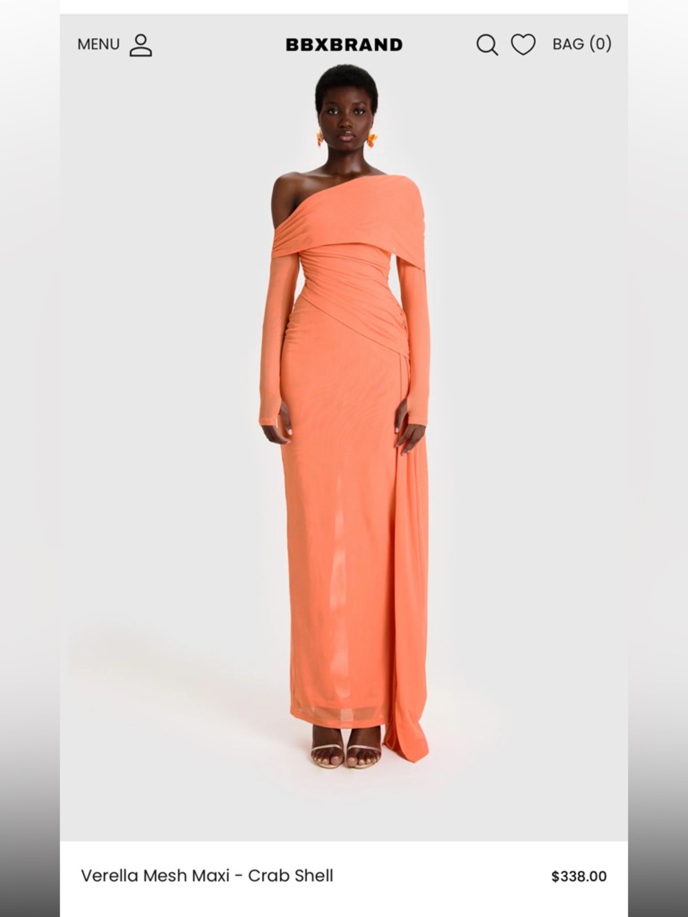 NWT BBXBRAND Verella Mesh Maxi Dress Crab Shell Orange One Shoulder Ruched M
